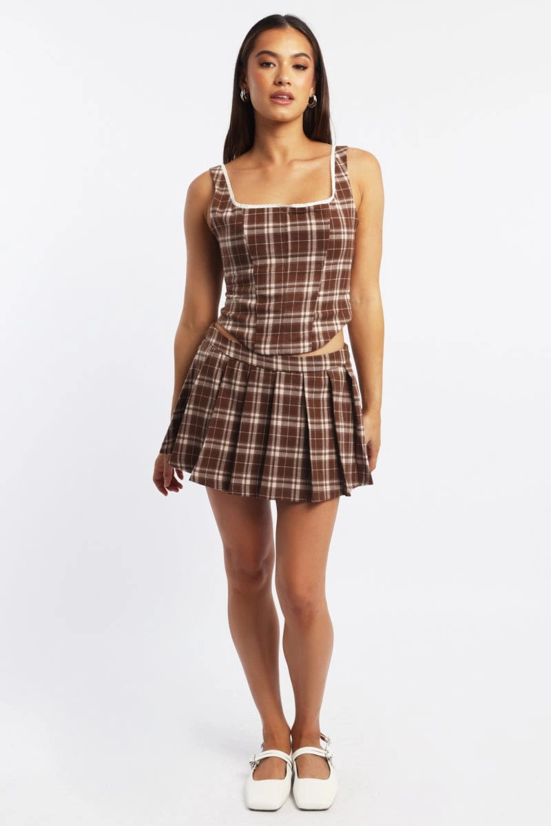 Beige Check Corset Top Sleeveless Scoop Neck Picot Trim Detail