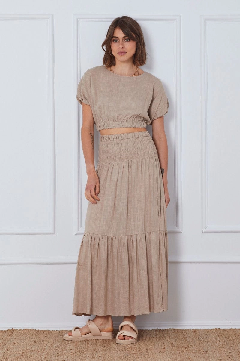 Beige Crop Top Short Sleeve Round Neck Linen