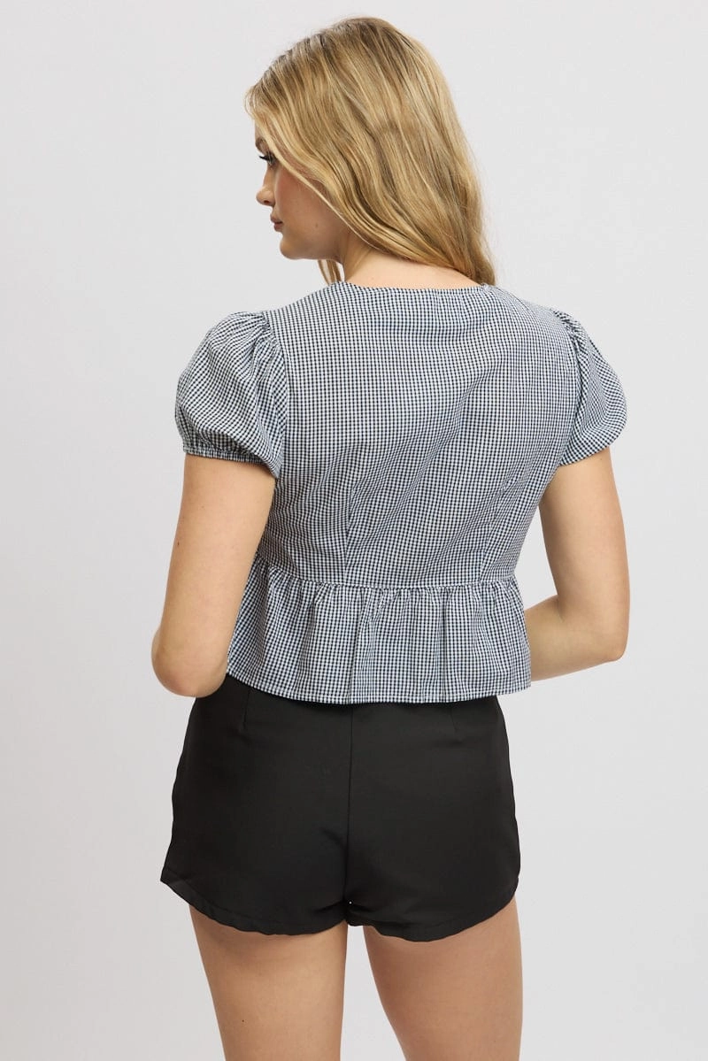 Black Check Tie Front Top Puff Sleeve