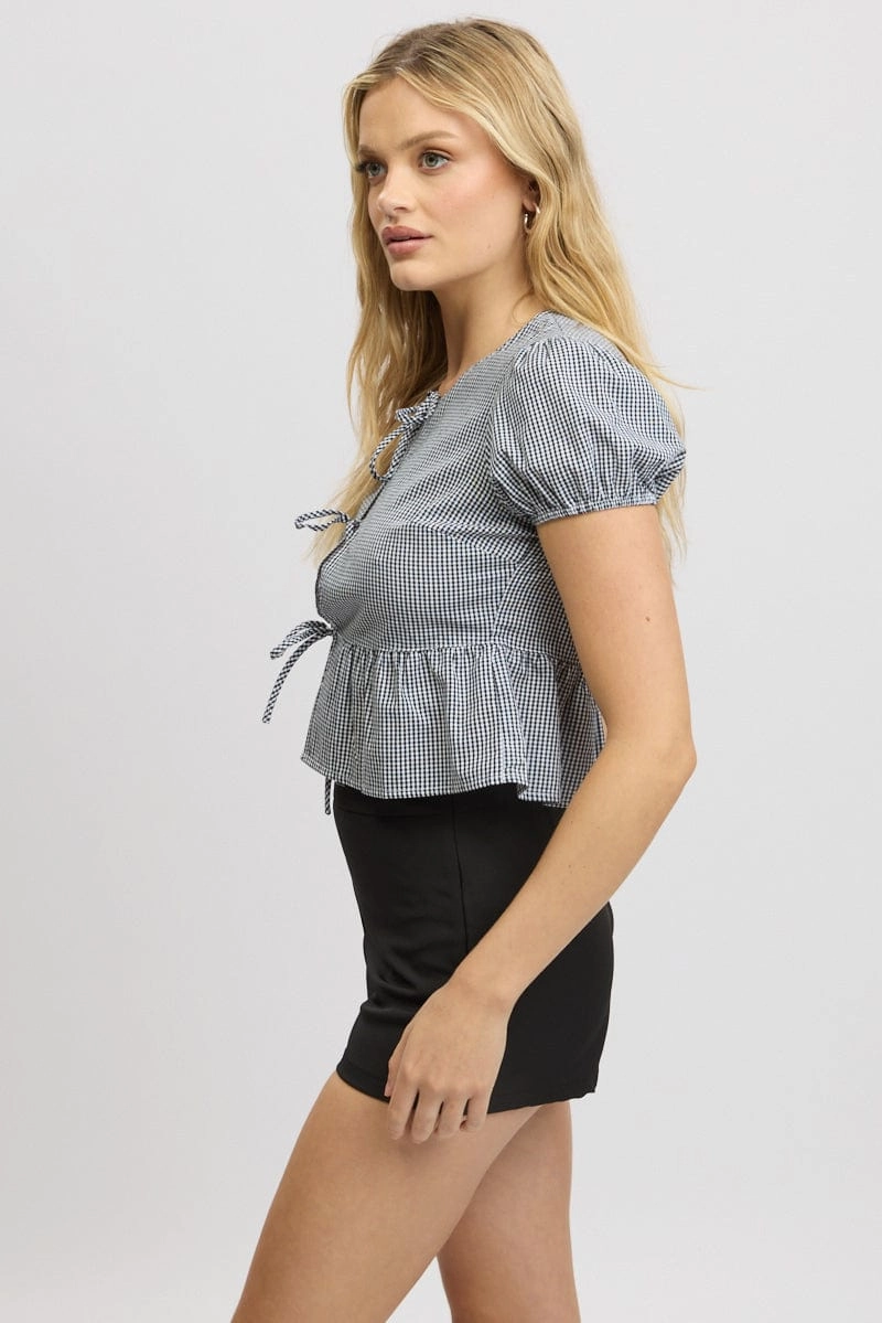 Black Check Tie Front Top Puff Sleeve