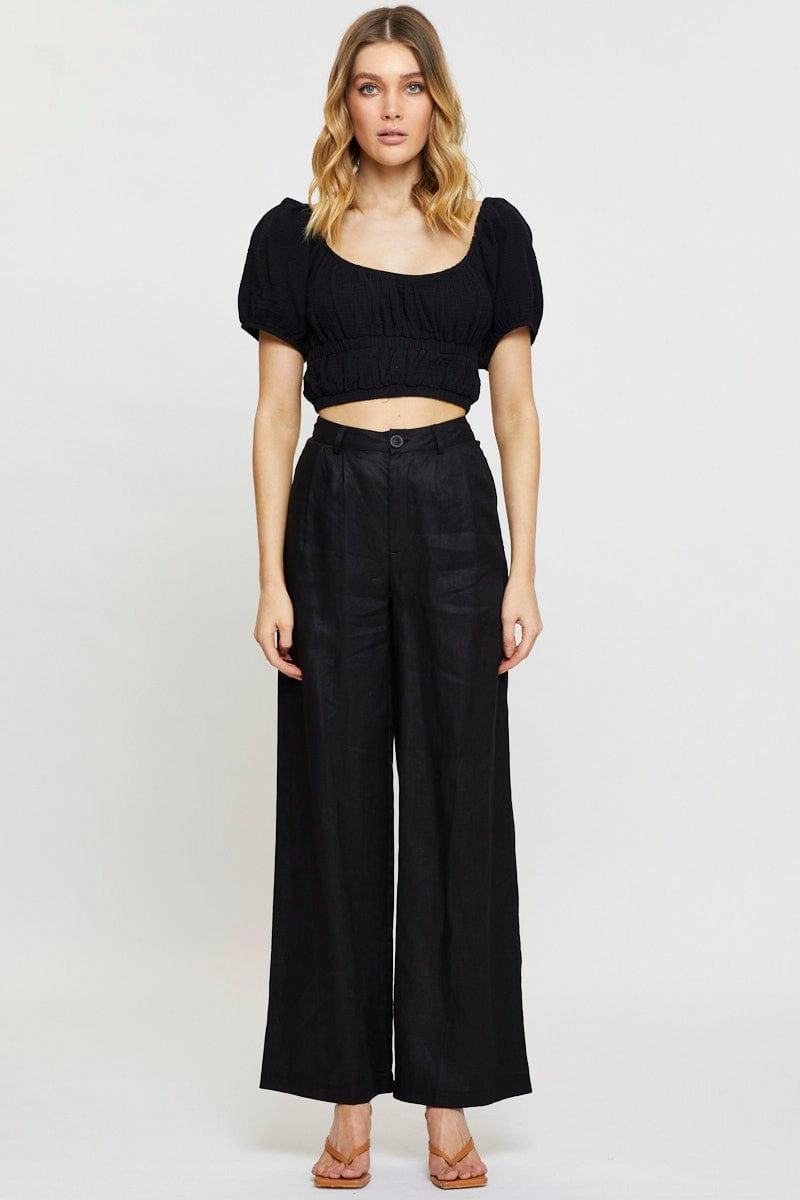Black Crop Top Short Sleeve Gathered Bust