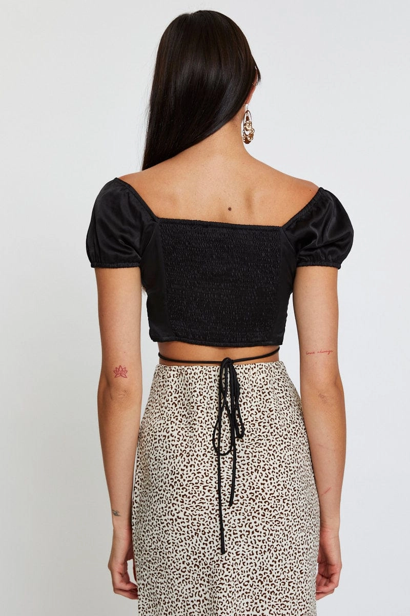 Black Crop Top Short Sleeve Tie Up