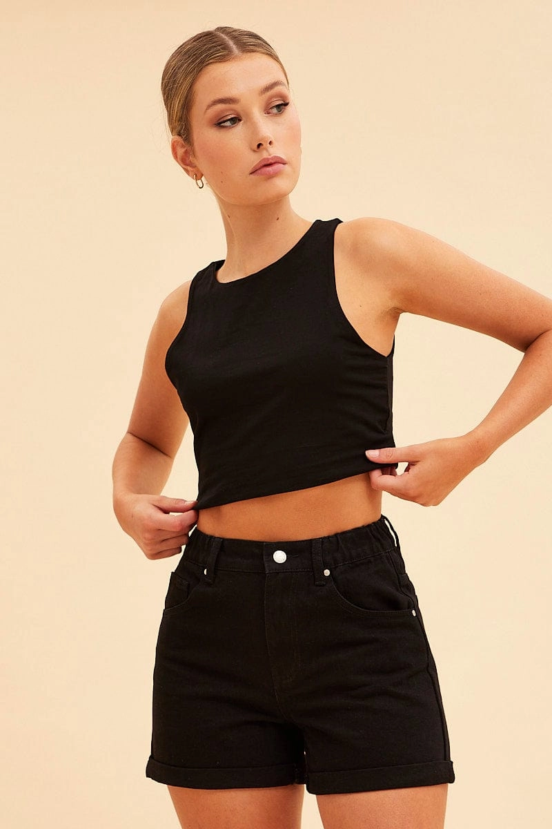 Black Essential Cotton Stretch Crop Tank