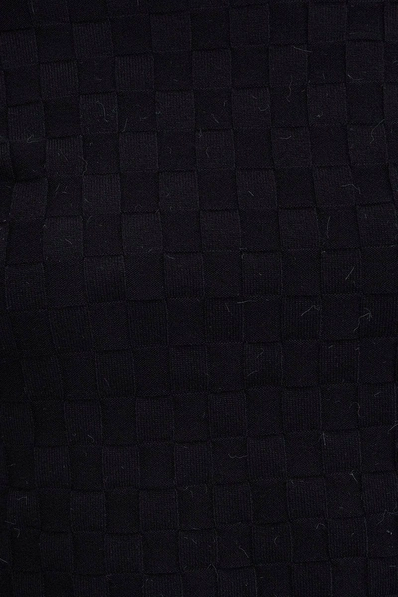 Black Knit Top Long Sleeve High Neck Crop Checker Stitch