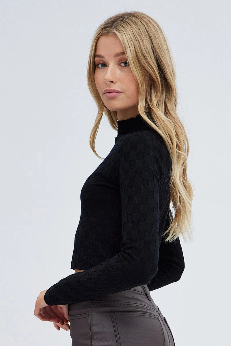 Black Knit Top Long Sleeve High Neck Crop Checker Stitch