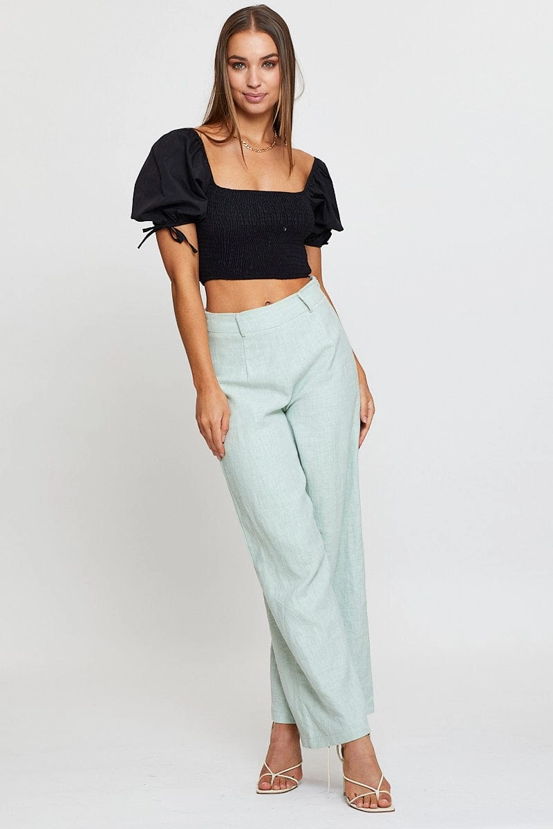 Black Puff Sleeve Top Short Sleeve Crop