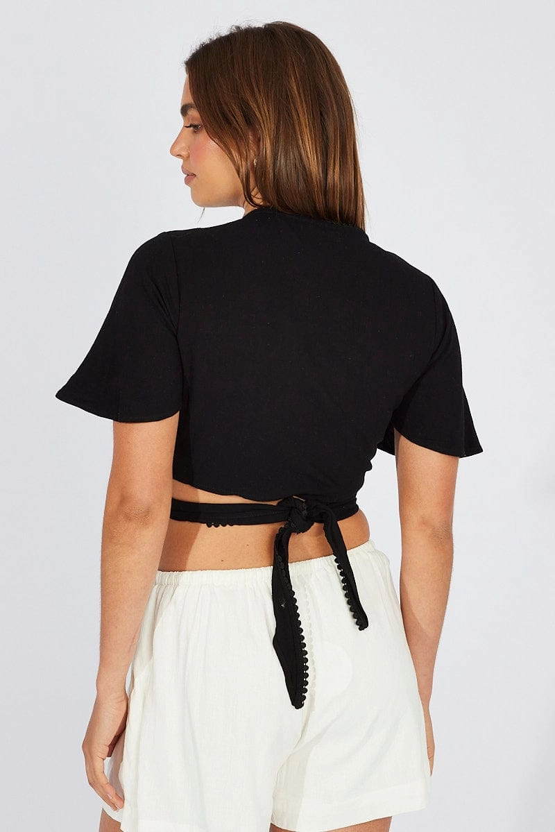 Black Tie Up Top Short Sleeve Linen
