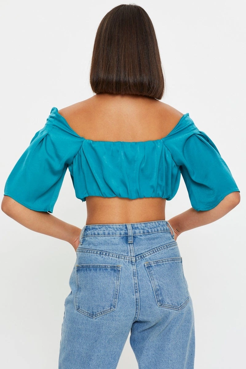 Blue Crop Top Short Sleeve Satin