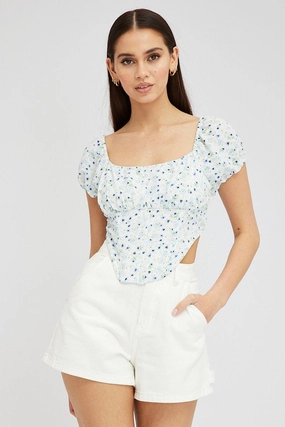 Blue Ditsy Crop Top Short Sleeve Square Neck