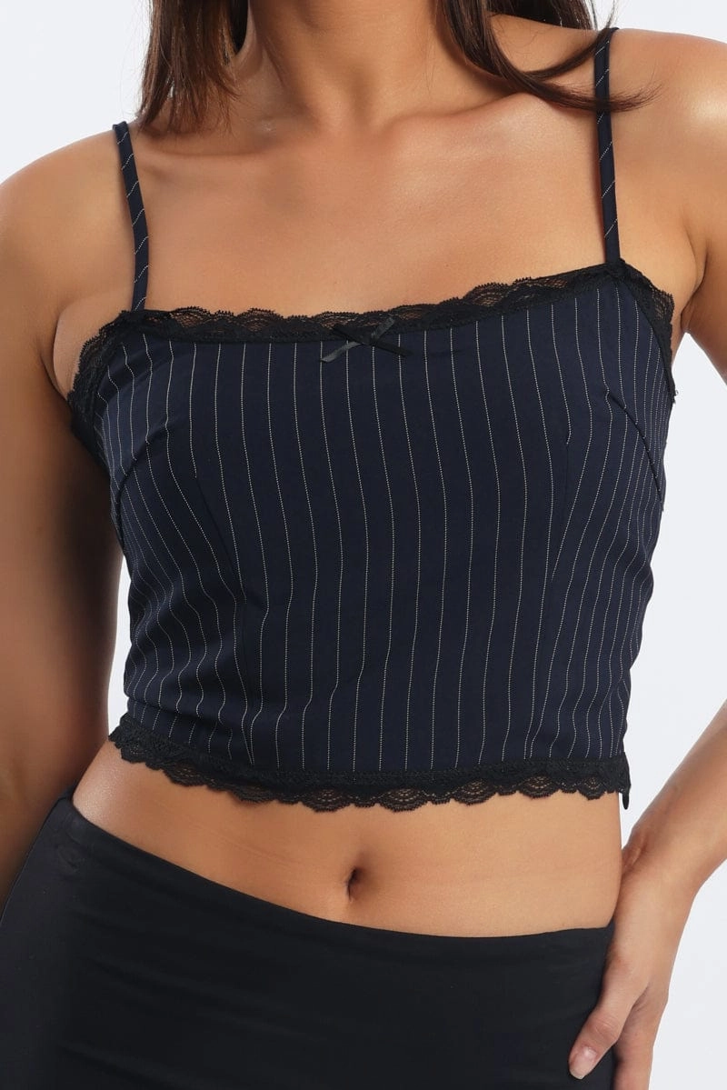 Blue Stripe Cami Sleeveless Lace Trim Shirred Back