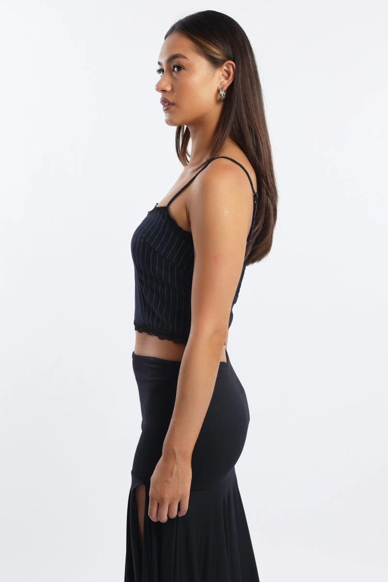 Blue Stripe Cami Sleeveless Lace Trim Shirred Back