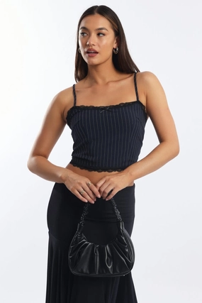 Blue Stripe Cami Sleeveless Lace Trim Shirred Back