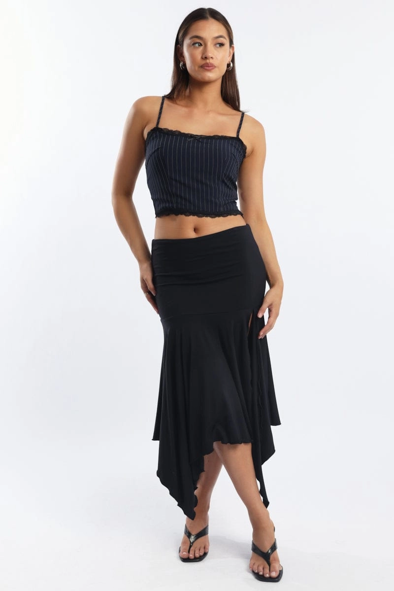Blue Stripe Cami Sleeveless Lace Trim Shirred Back