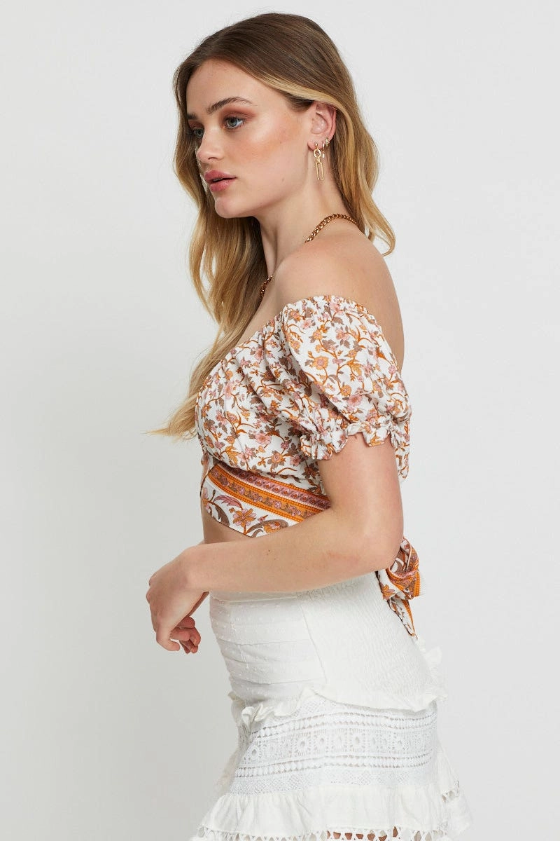Border Print Crop Top Short Sleeve