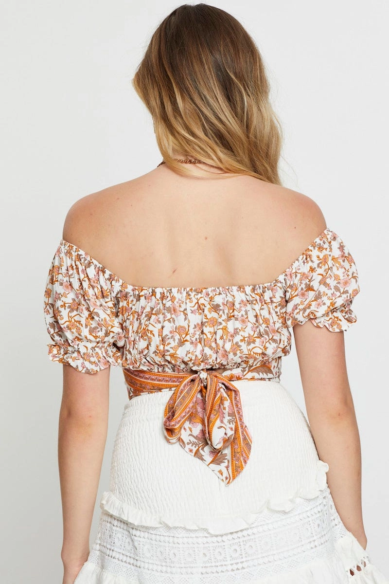Border Print Crop Top Short Sleeve