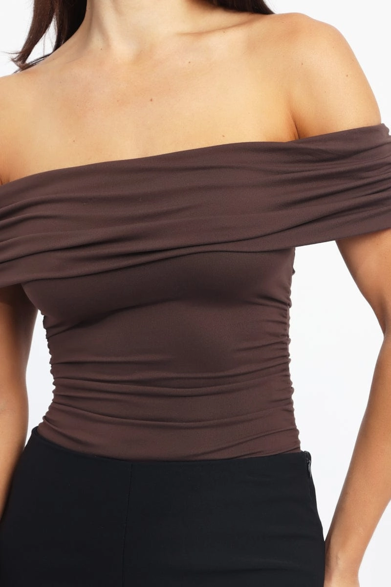 Brown Off Shoulder Bodysuit Supersoft