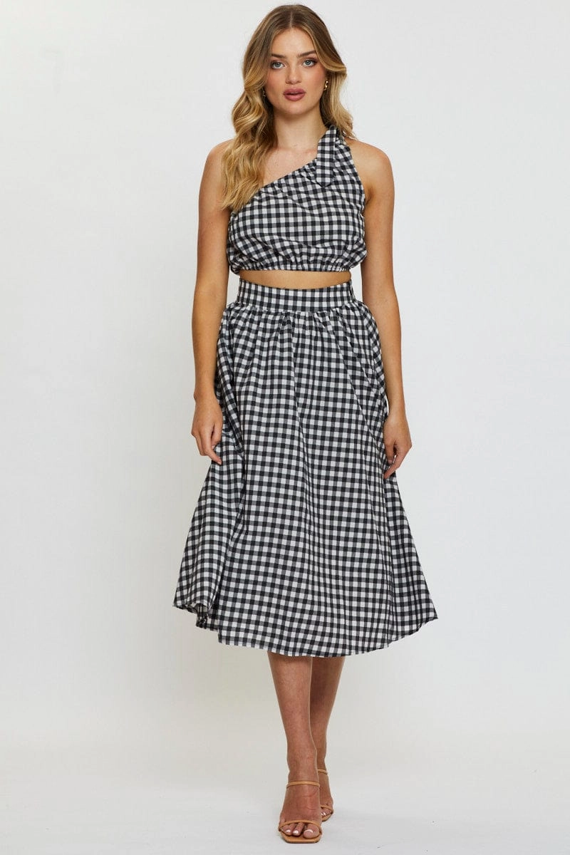 Check Crop Top One Shoulder Linen