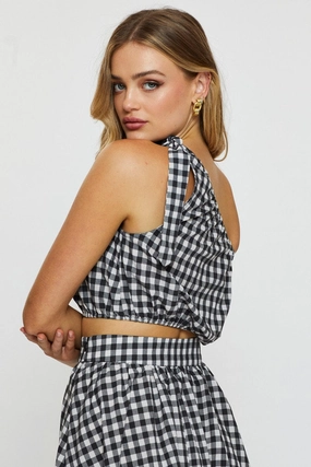 Check Crop Top One Shoulder Linen
