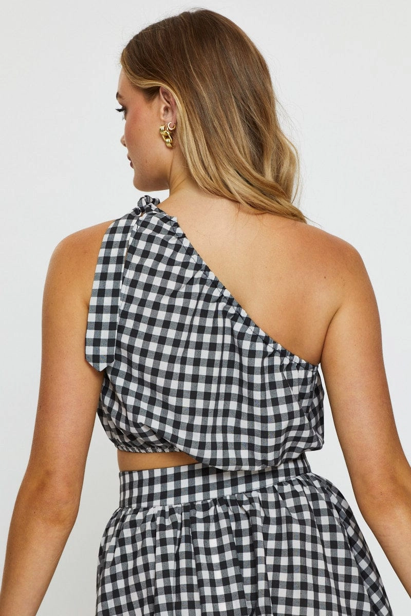 Check Crop Top One Shoulder Linen