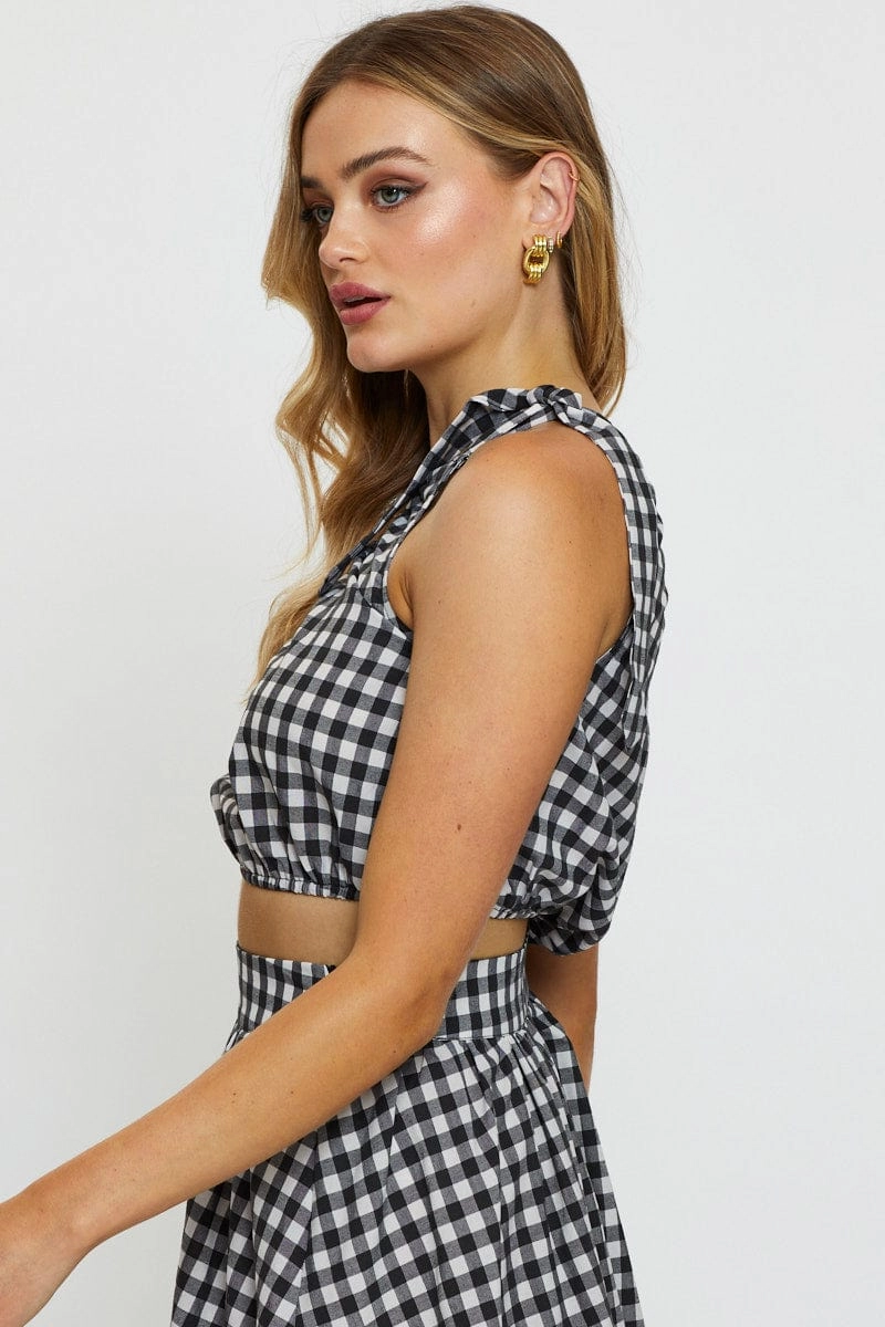 Check Crop Top One Shoulder Linen