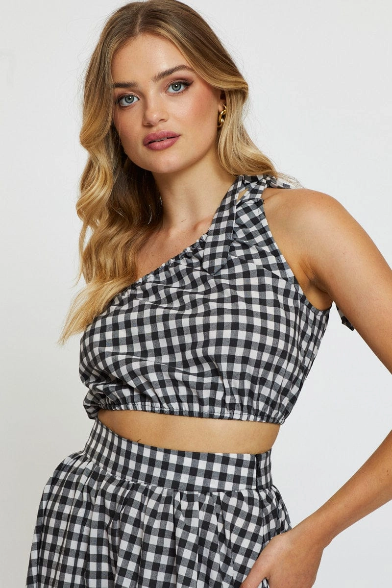 Check Crop Top One Shoulder Linen