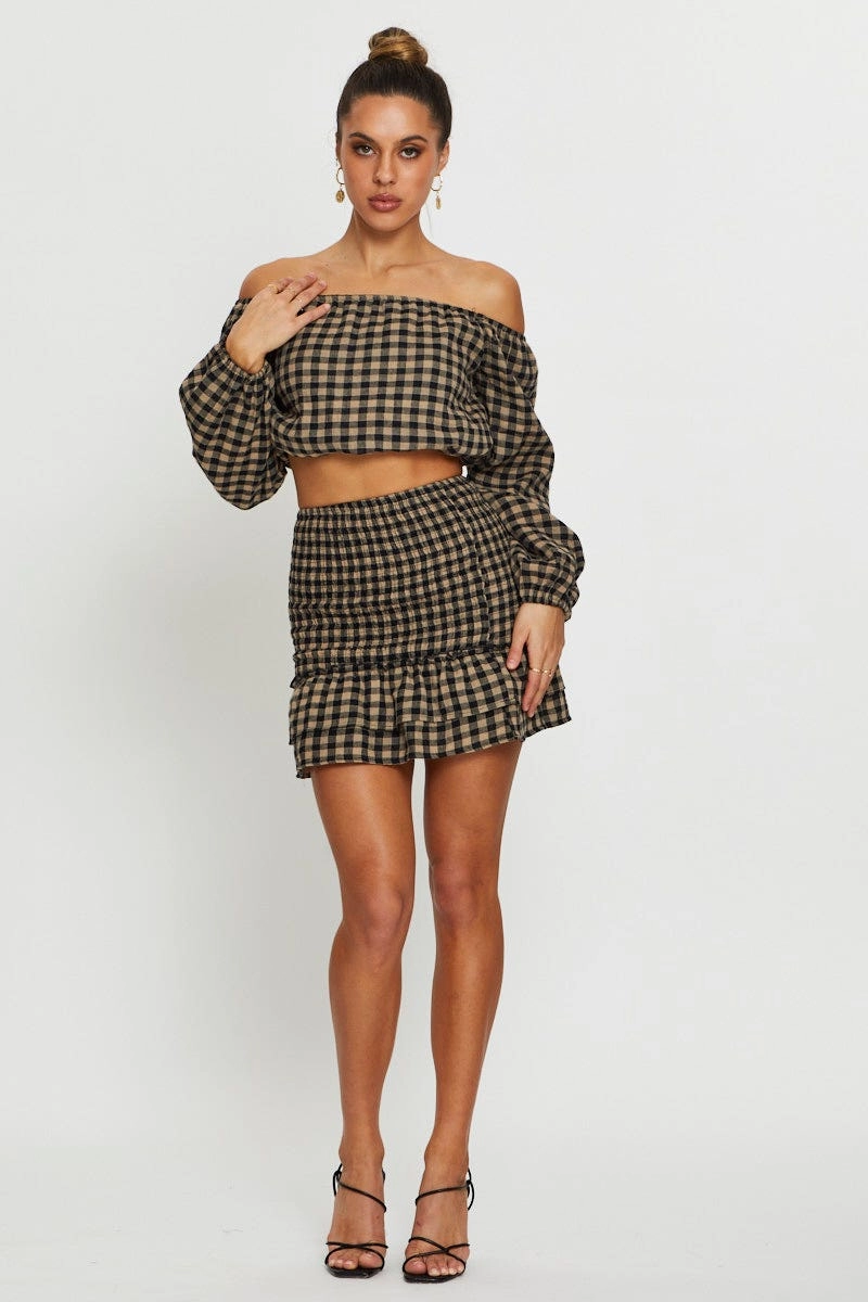 Check Top Long Sleeve Crop Off Shoulder