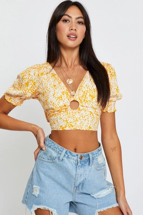 Ditsy Print Puff Sleeve Top Short Sleeve Crop