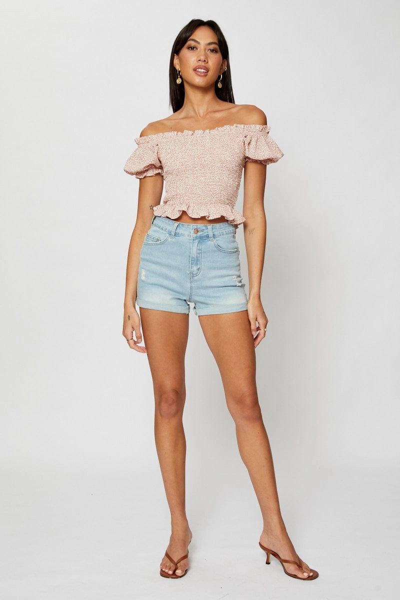 Geo Print Crop Top Short Sleeve Off Shoulder