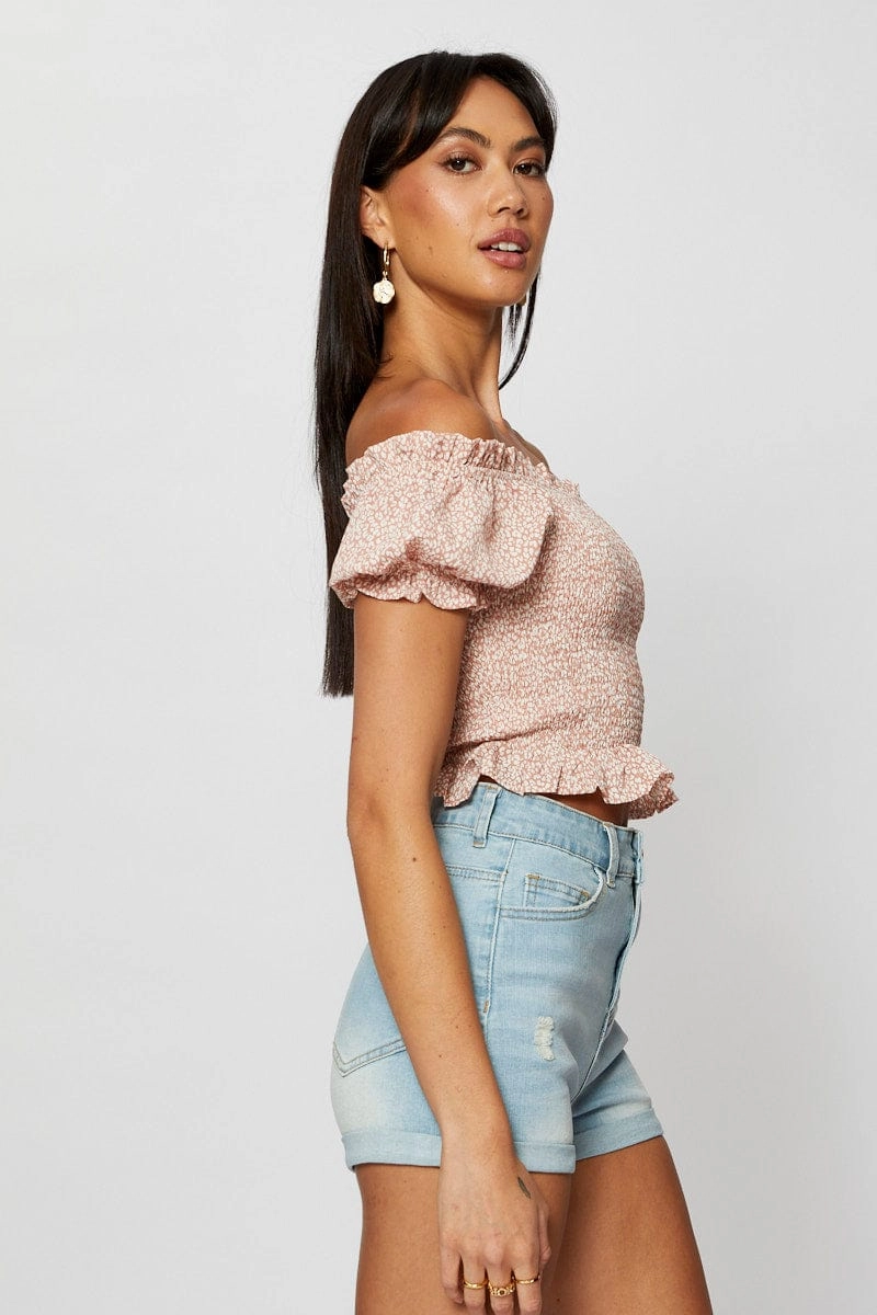 Geo Print Crop Top Short Sleeve Off Shoulder
