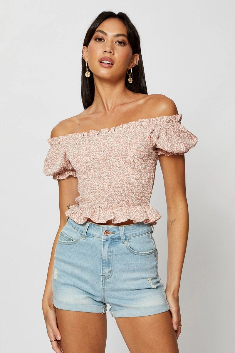 Geo Print Crop Top Short Sleeve Off Shoulder