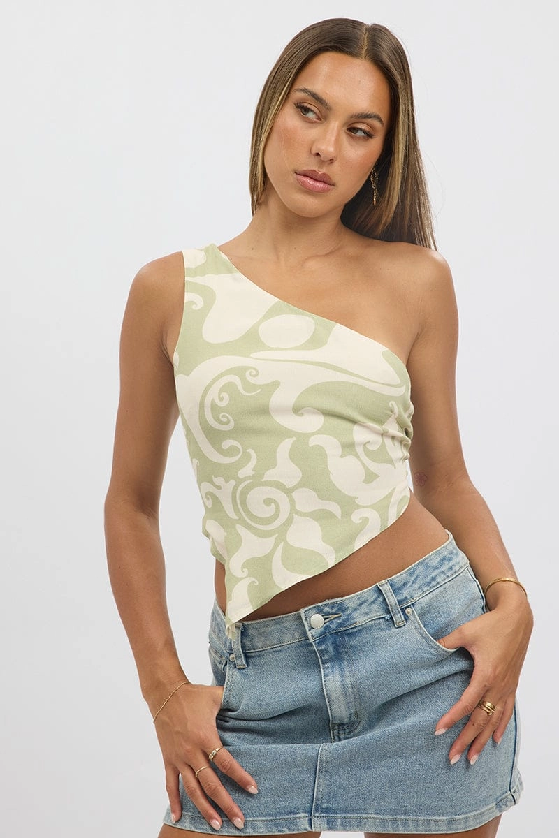 Green Abstract Scarf Top One Shoulder Tie Back
