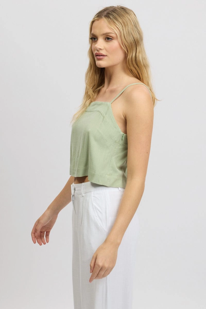 Green Cami Top Sleeveless Linen Blend