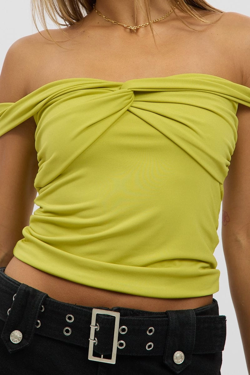 Green Off Shoulder Top Twisted Bust