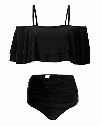 High Waisted Flounce Bikini Set For Women Hollow Out Bottoms-Black