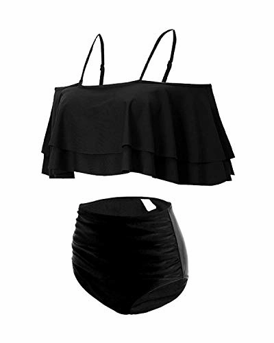 High Waisted Flounce Bikini Set For Women Hollow Out Bottoms-Black