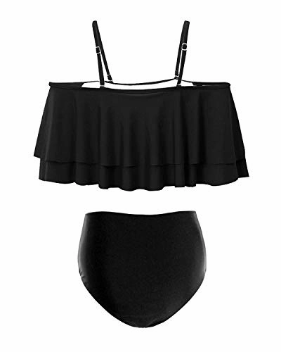 High Waisted Flounce Bikini Set For Women Hollow Out Bottoms-Black
