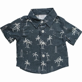 Linen Button Up Shirt - Navy Surfer