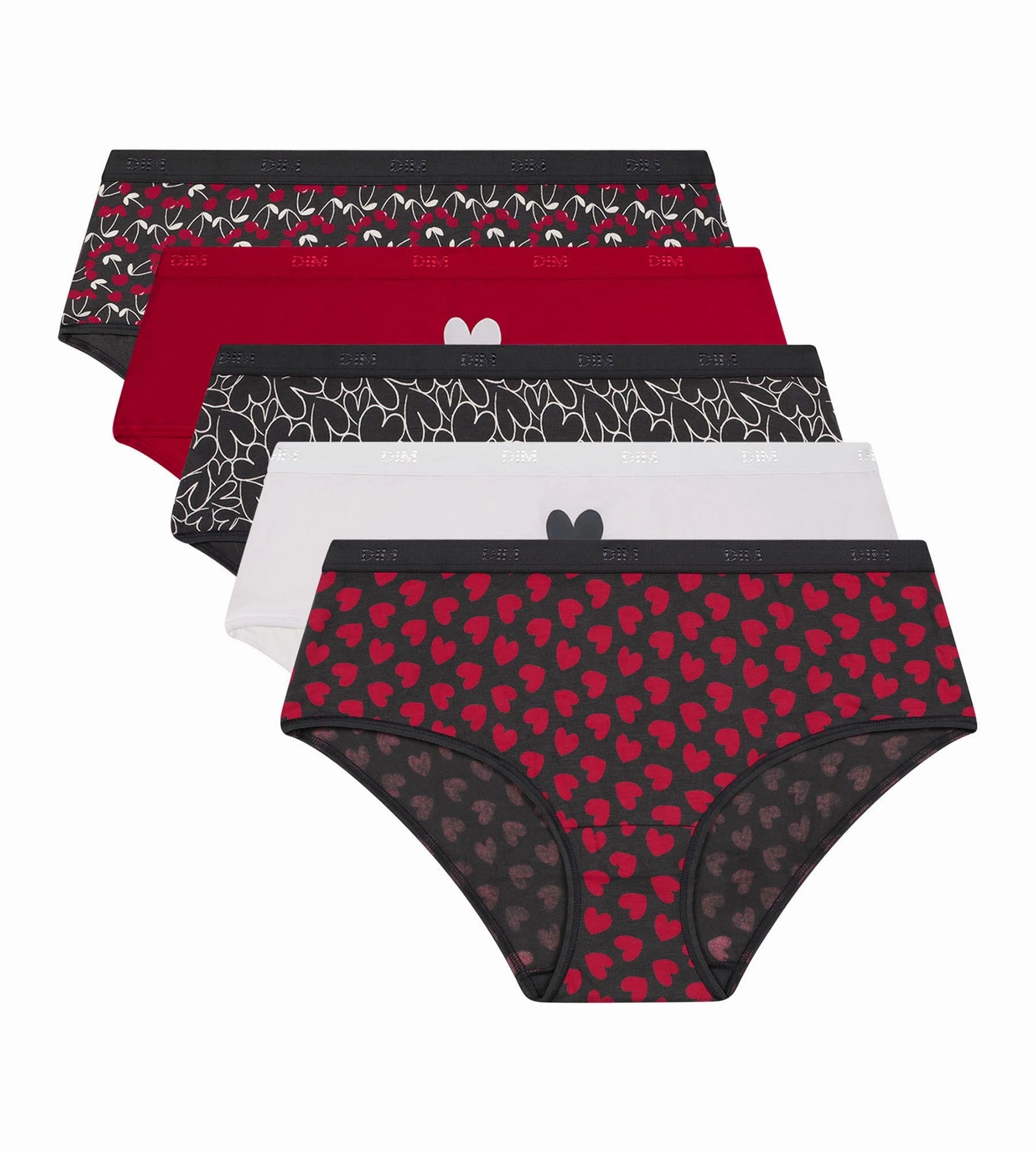Lot de 5 shorties femme coton stretch Rouge motifs coeurs Les Pockets