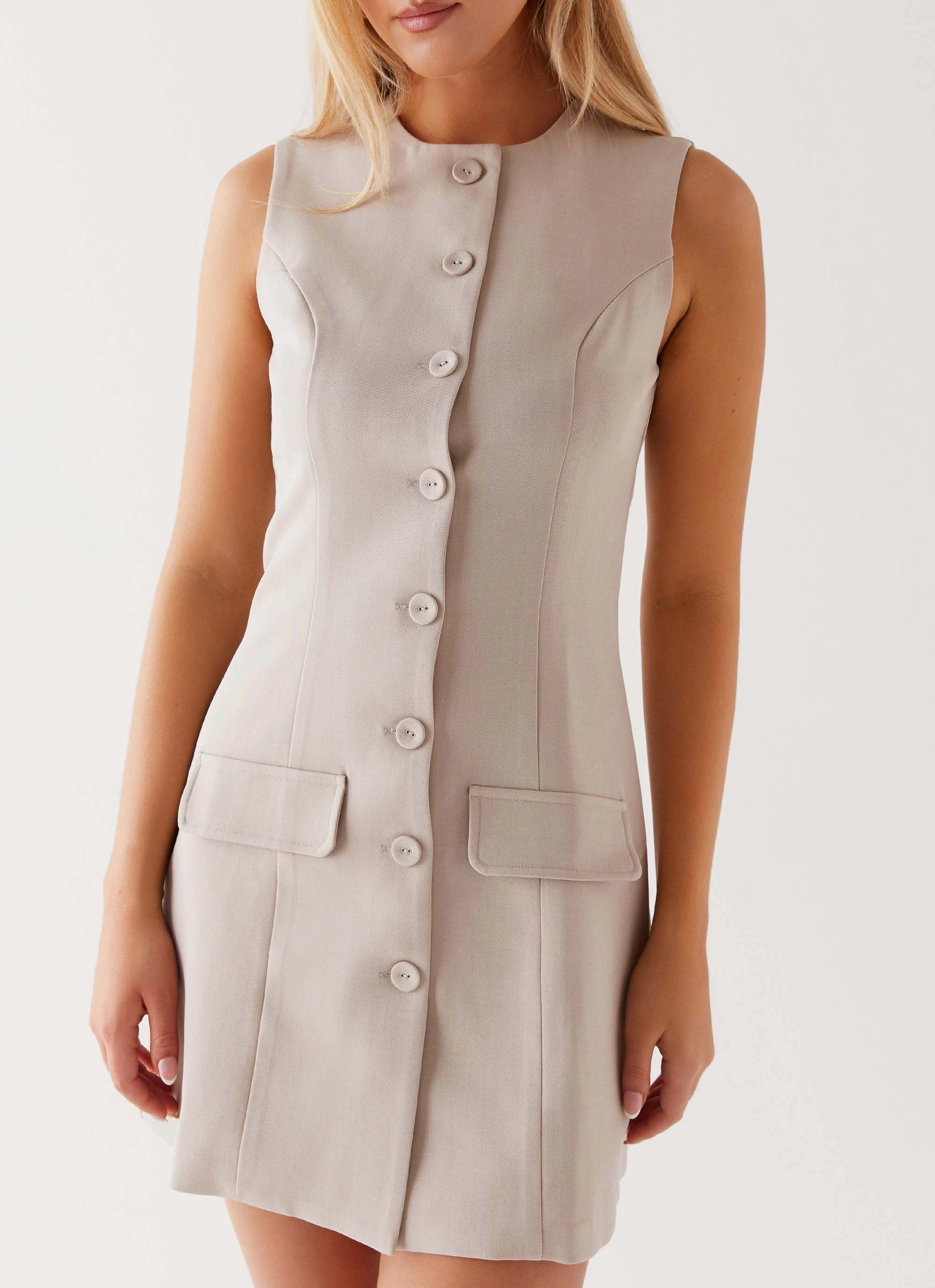 Lou Button Up Mini Dress - Beige