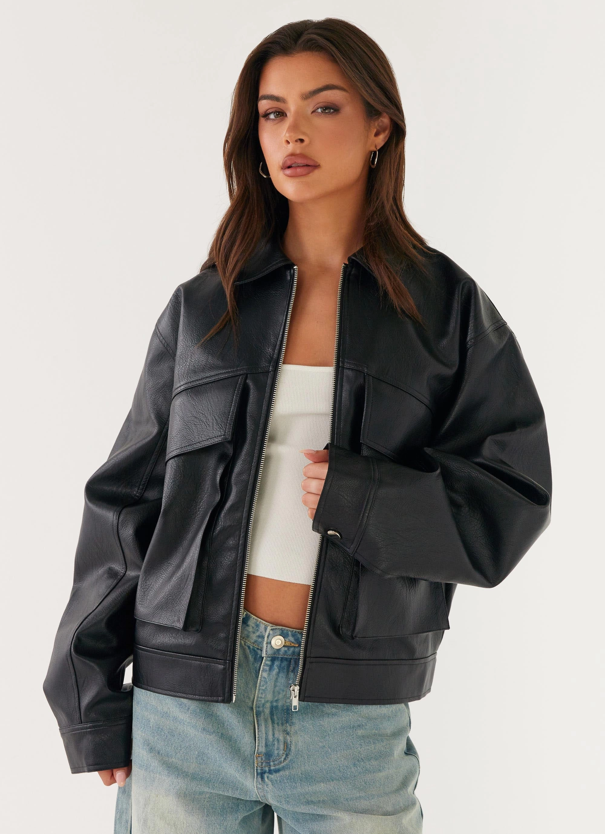 Lula Faux Leather Bomber Jacket - Black