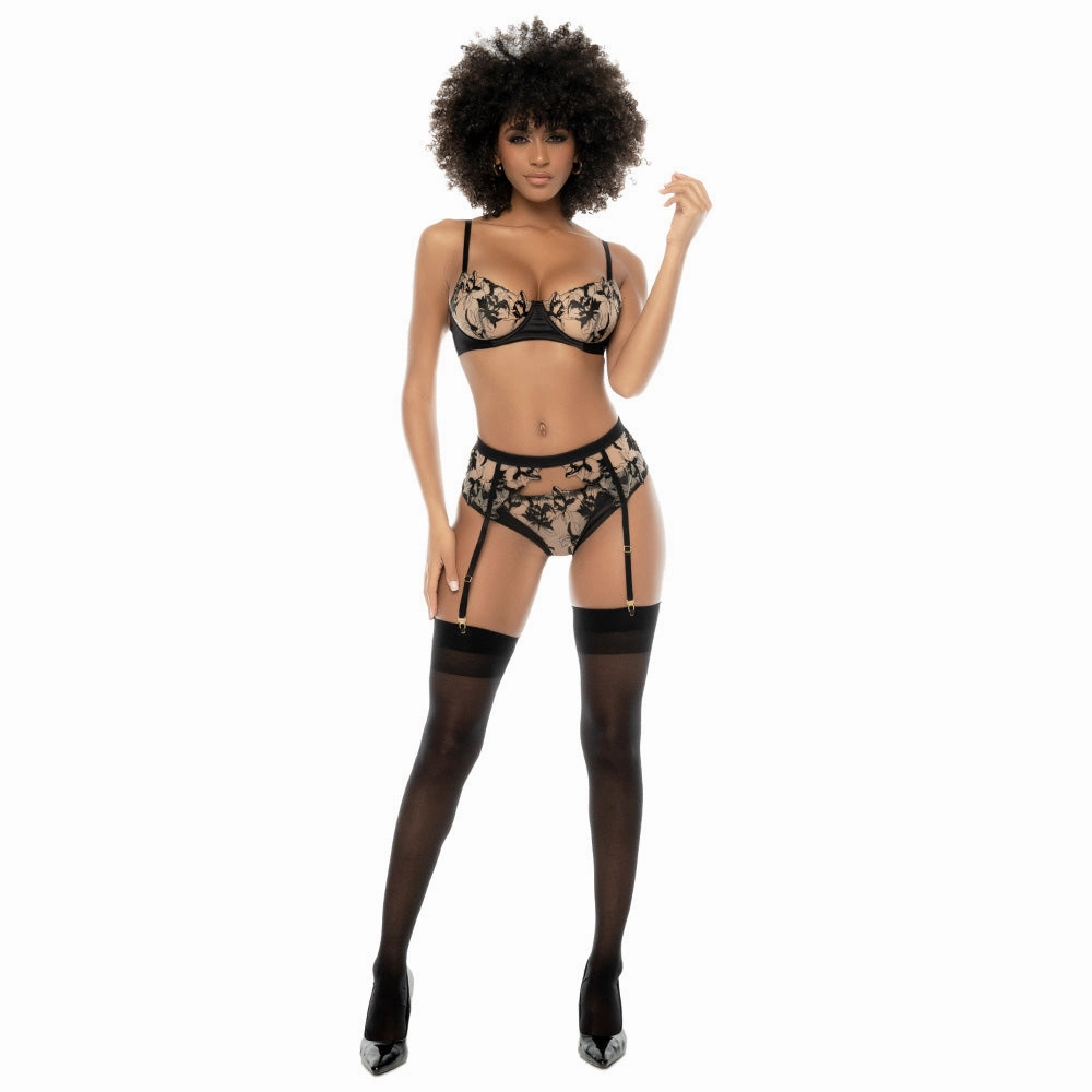 Mapale Embroidered Floral Lace Bra, Garter & Panty Lingerie Set