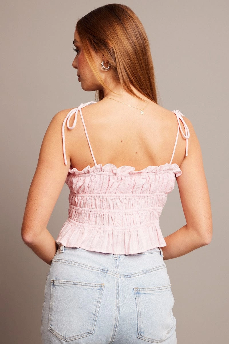 Pink Cami Top Sleeveless Tie Front Textured