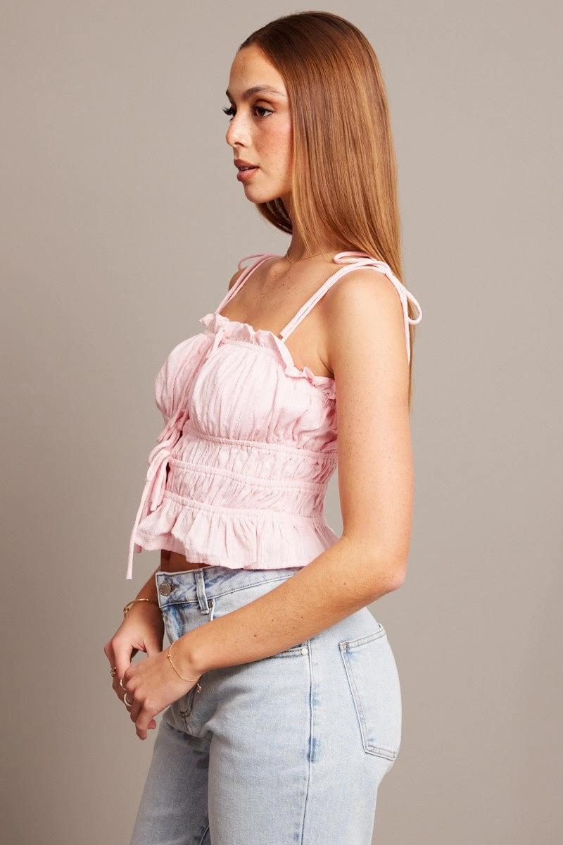Pink Cami Top Sleeveless Tie Front Textured