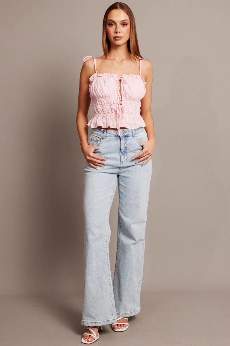 Pink Cami Top Sleeveless Tie Front Textured