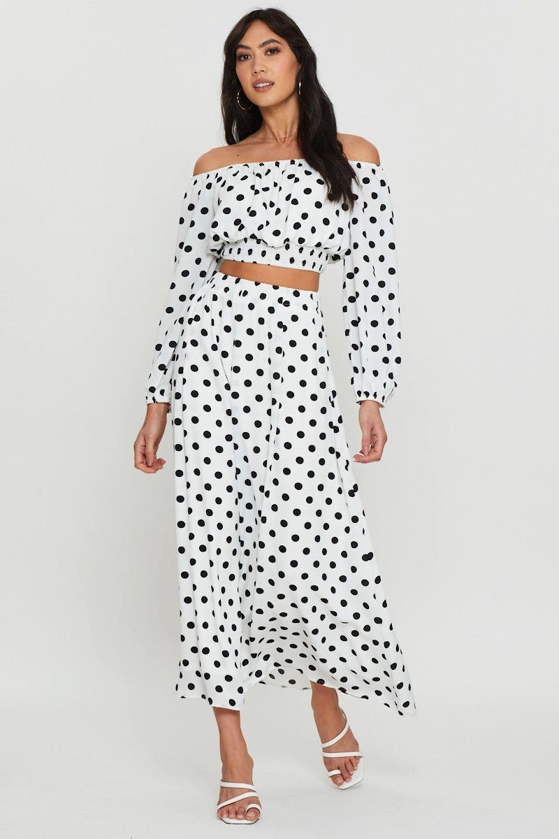 Polka Dot Crop Top Long Sleeve Off Shoulder