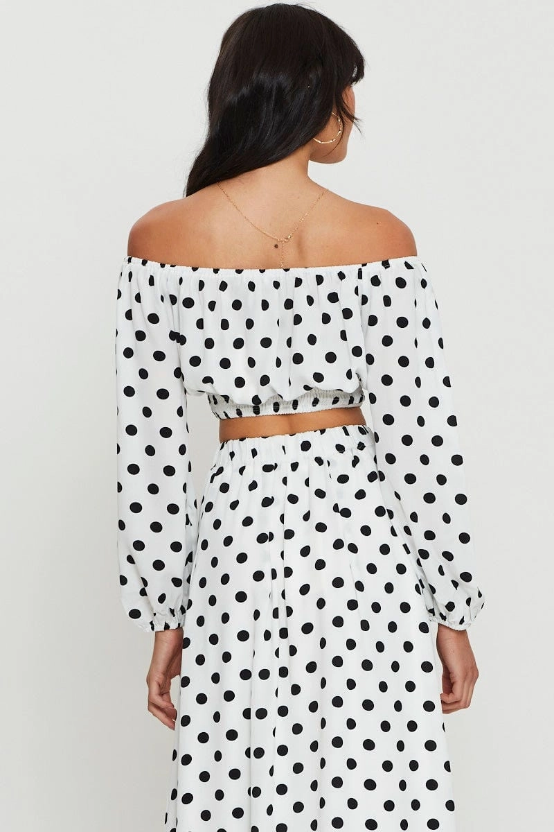 Polka Dot Crop Top Long Sleeve Off Shoulder