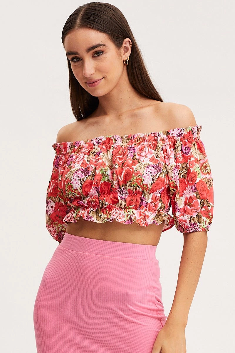 Print Crop Top Off Shoulder