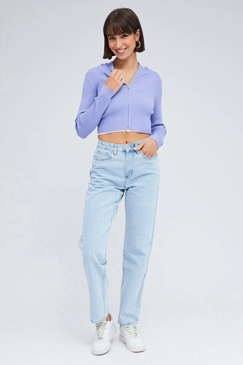 Purple Knit Zip Up Cardigan Hooded