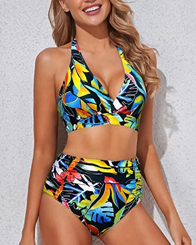 Push Up Halter Bikini Set Women's Bikini Swimsuits-Black Leaves