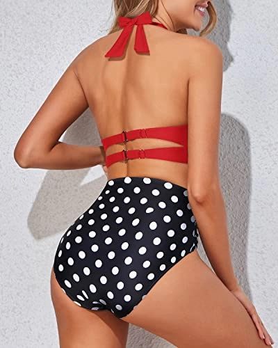 Sexy Push Up Halter Two Piece High Waisted Bikini Set-Red Dot